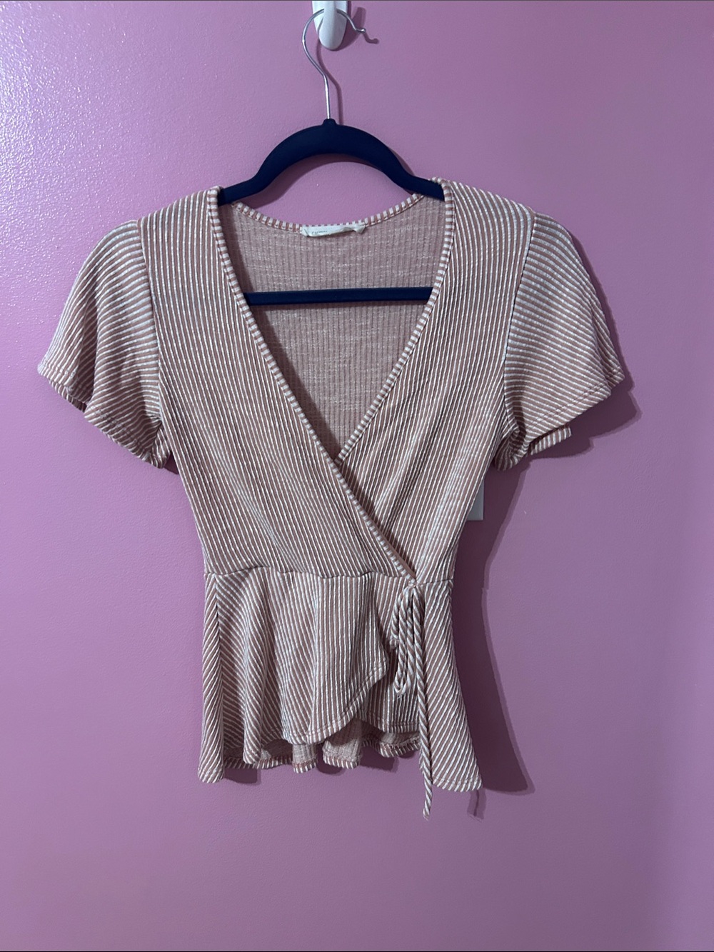 Caution To The Wing Pink and White Striped Wrap Peplum Top